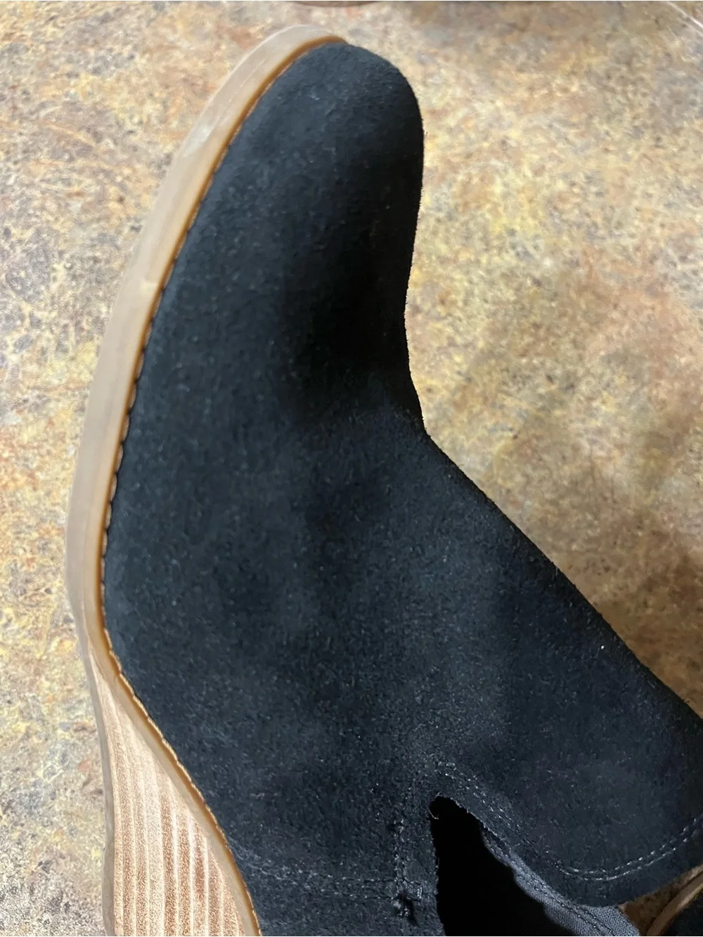 TOMS Black Suede Wedge Ankle Booties Cutout Stacked Heel Sz 8.5 Fall Winter